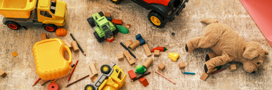 Children’s toys scattered on a playroom floor