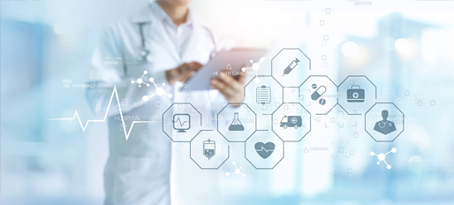 Healthcare icons in the foreground, including a heart rate monitor, an IV fluid bag, a needle, medication, an ambulance, a chart, all interlinked with a physician in the background looking at a chart.