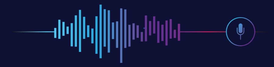 Multi-coloured sound waves connecting to a microphone.